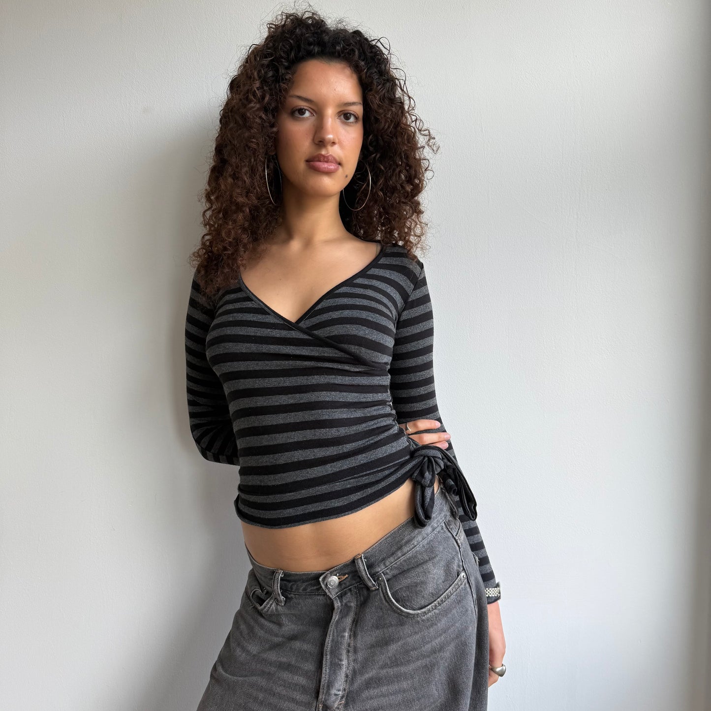 Grey + black striped wrap top - Size S