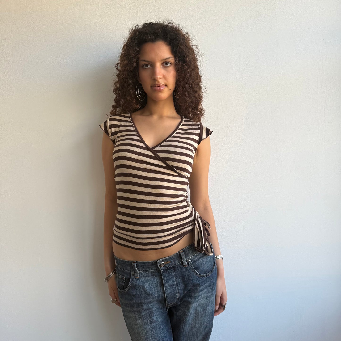 Beige + brown stripe top - Size S