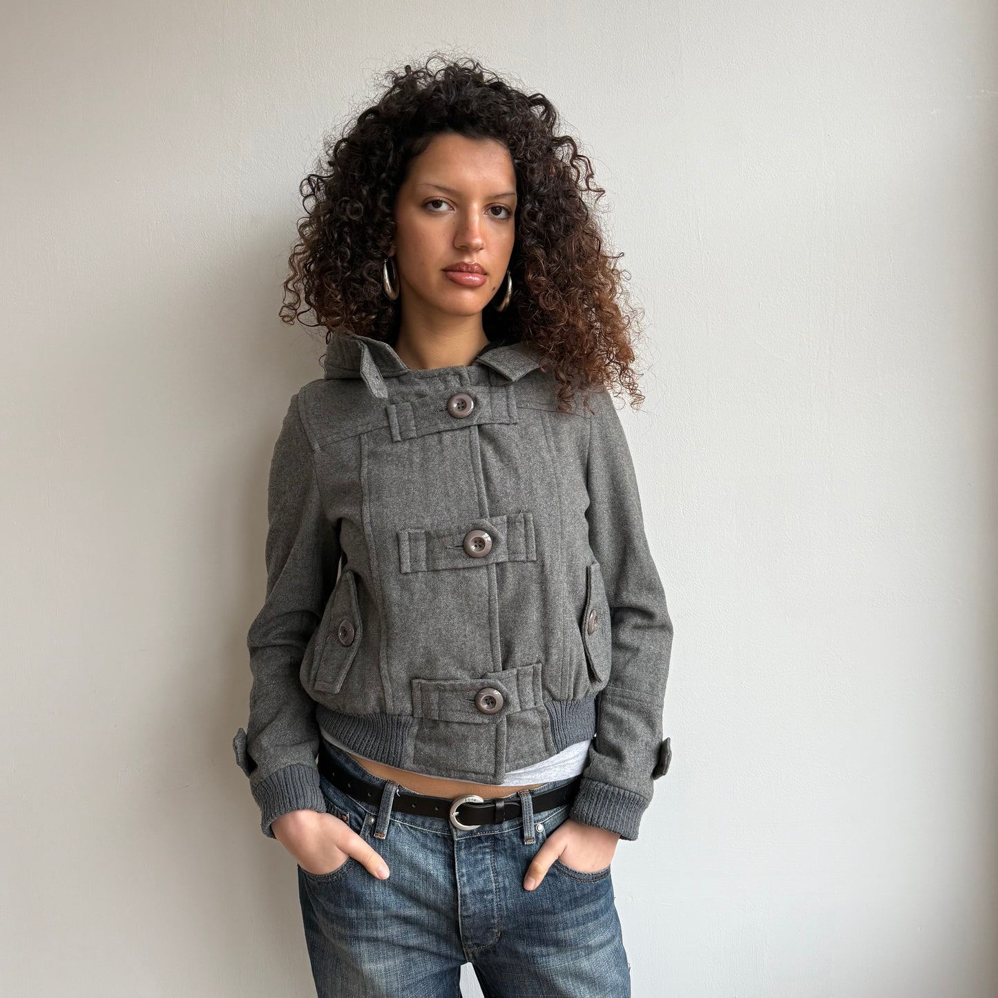 Grey button front hooded bomber - Size S/M
