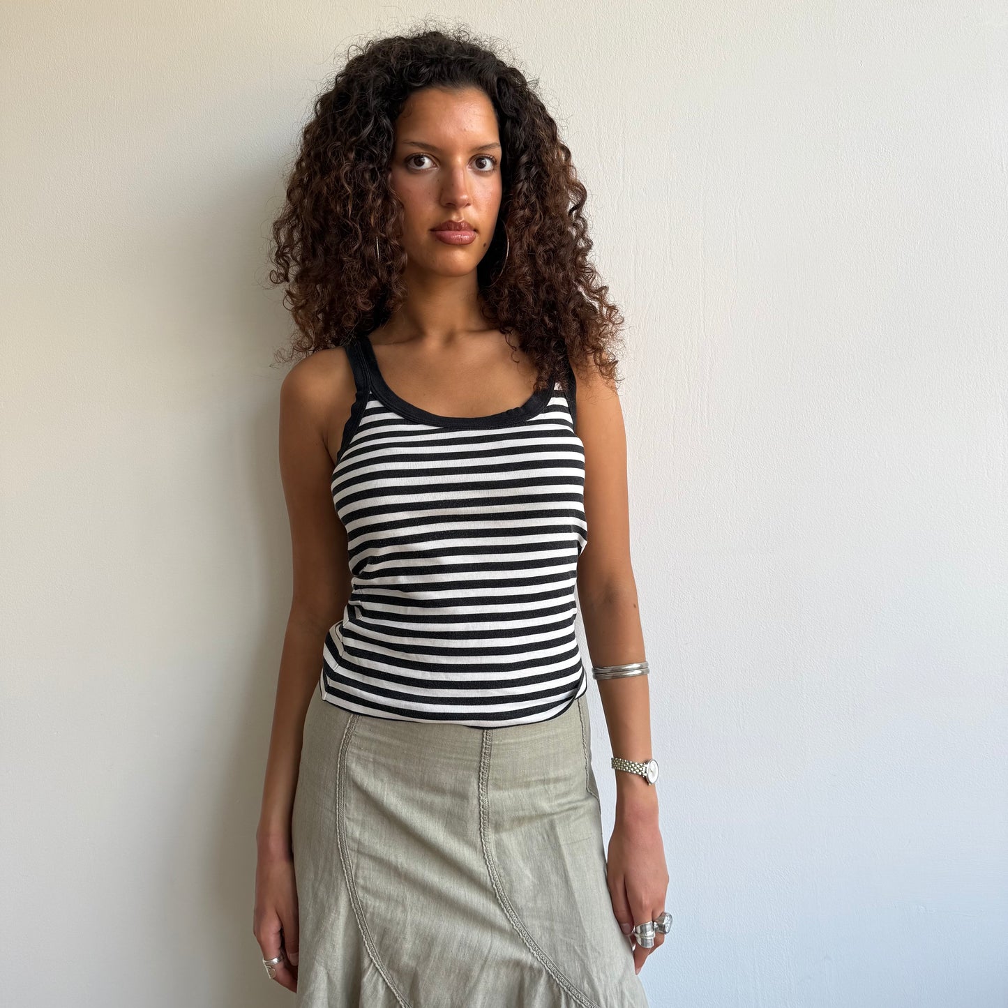 Black + white striped cami - Size M