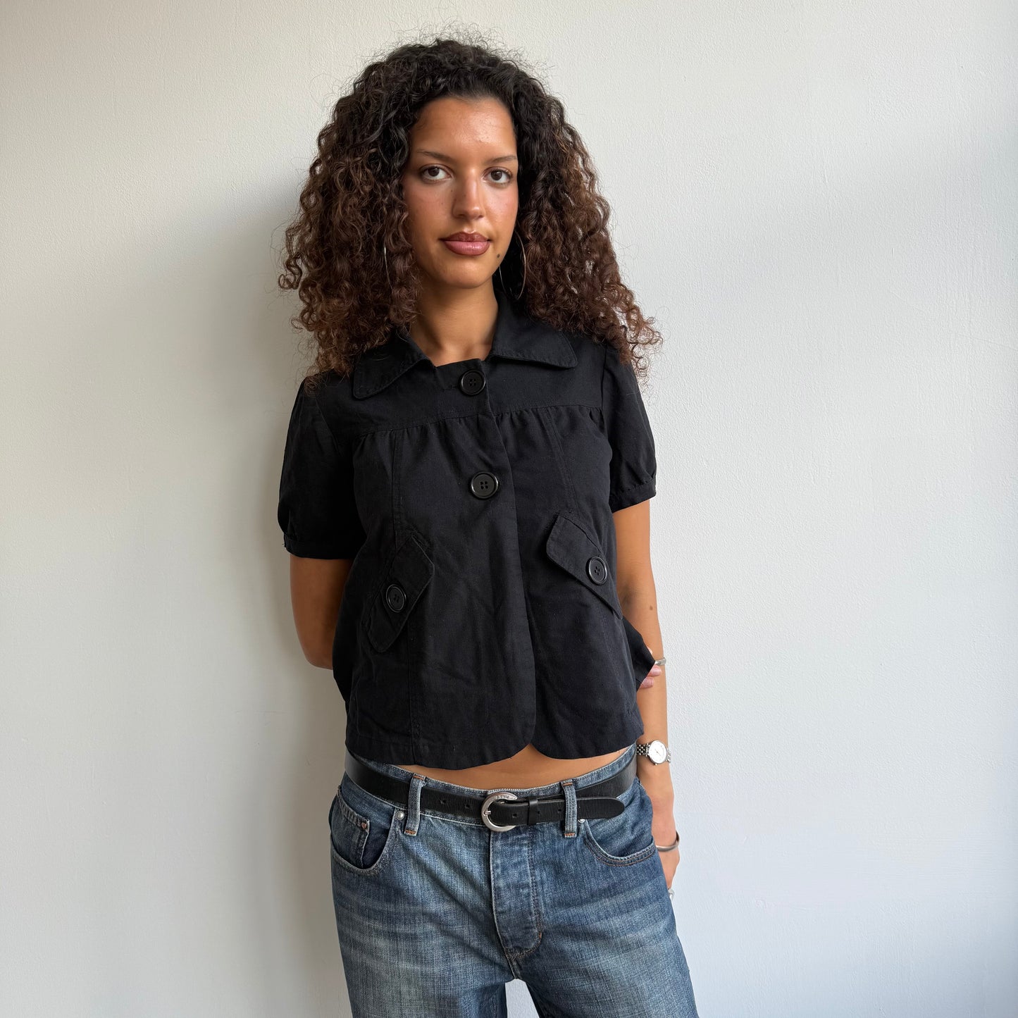 Black linen short sleeve peacoat - Size S/M
