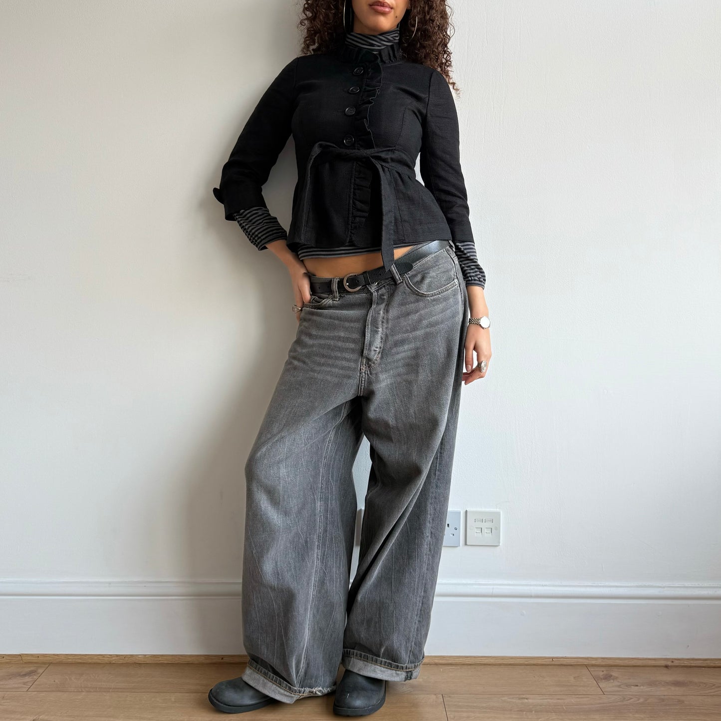Black ruffle tie belt jacket - Size XS