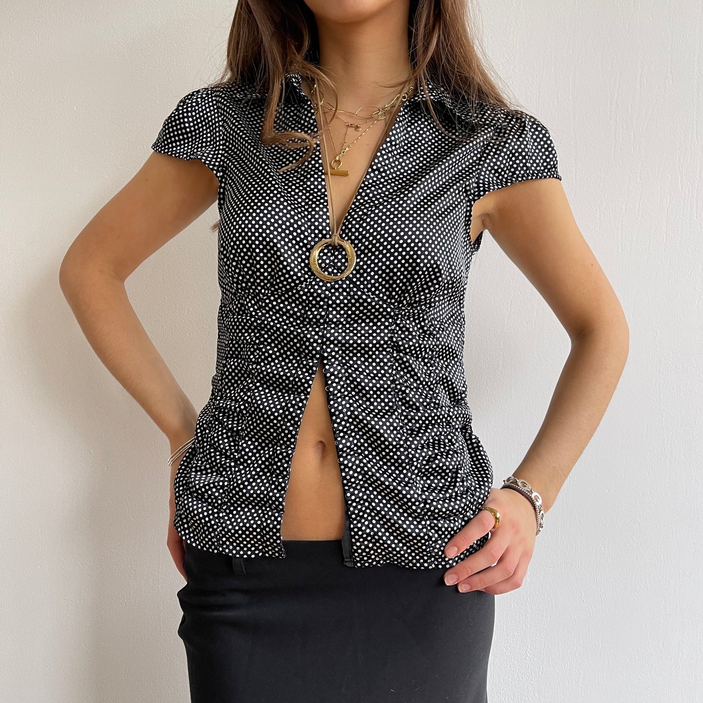 Black satin polka dot shirt - Size S