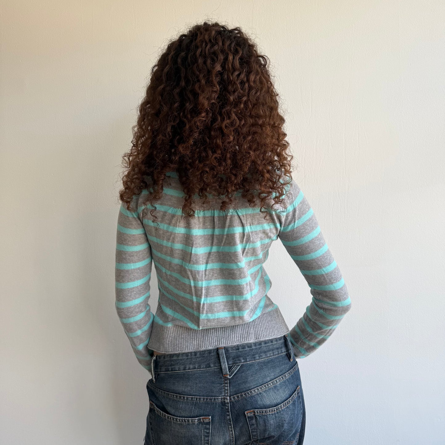 Turquoise + grey striped cardi- Size M