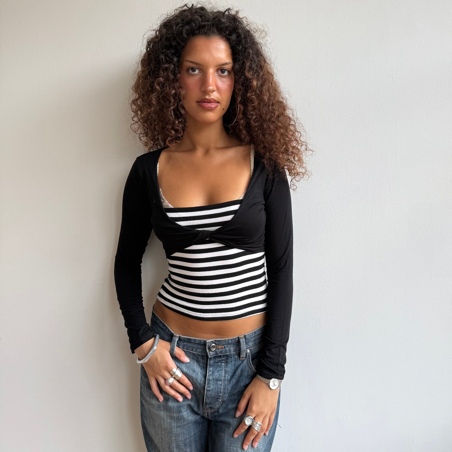 Black and white long sleeve wrap top - S