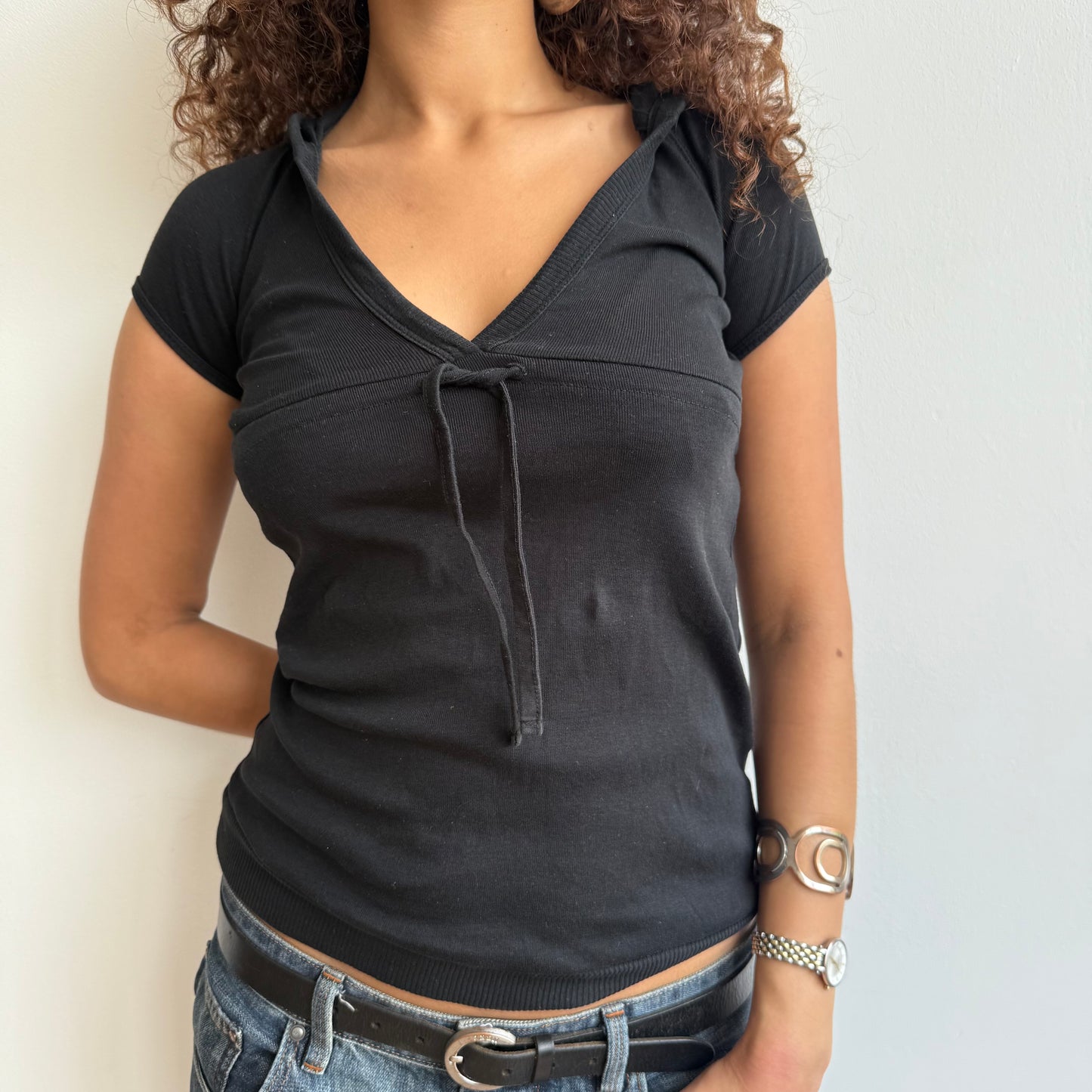 Black hooded t-shirt top - Size S