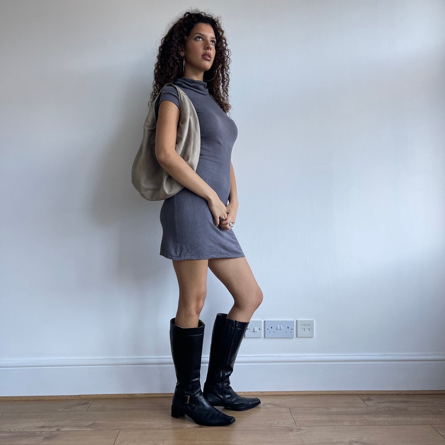 Grey knit roll neck dress - Size S