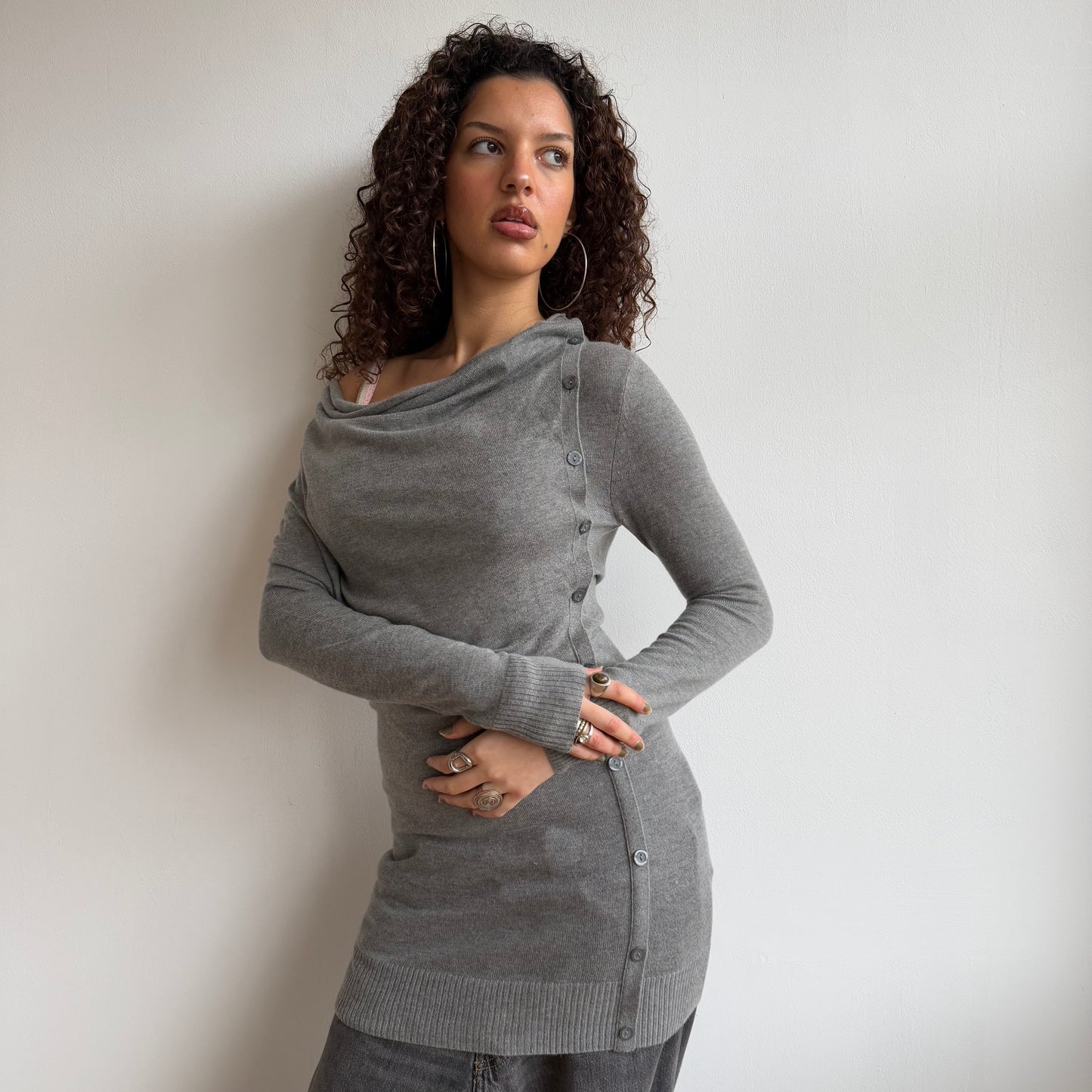 Grey knit button jumper dress - Size S