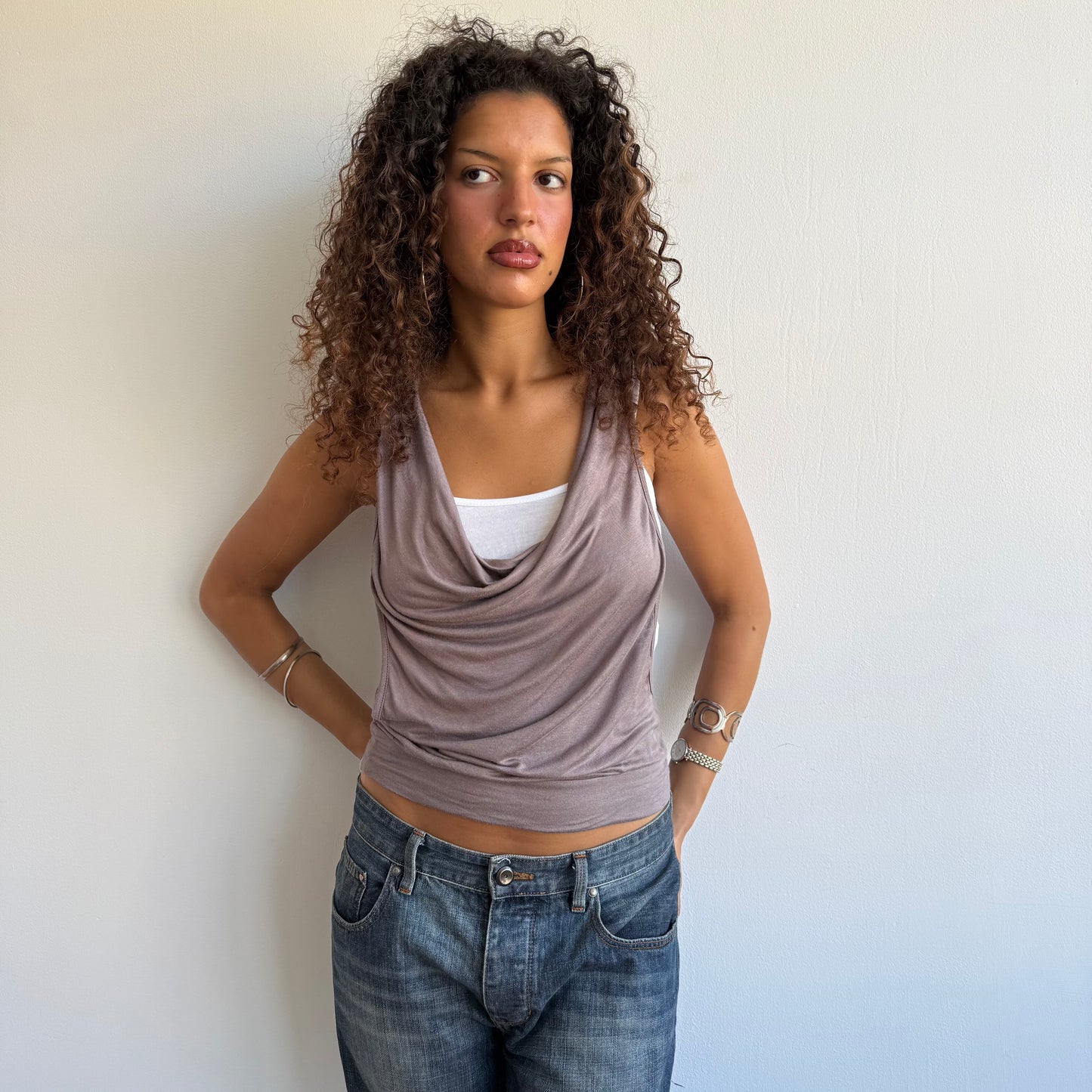 Taupe + white double layer top - Size S