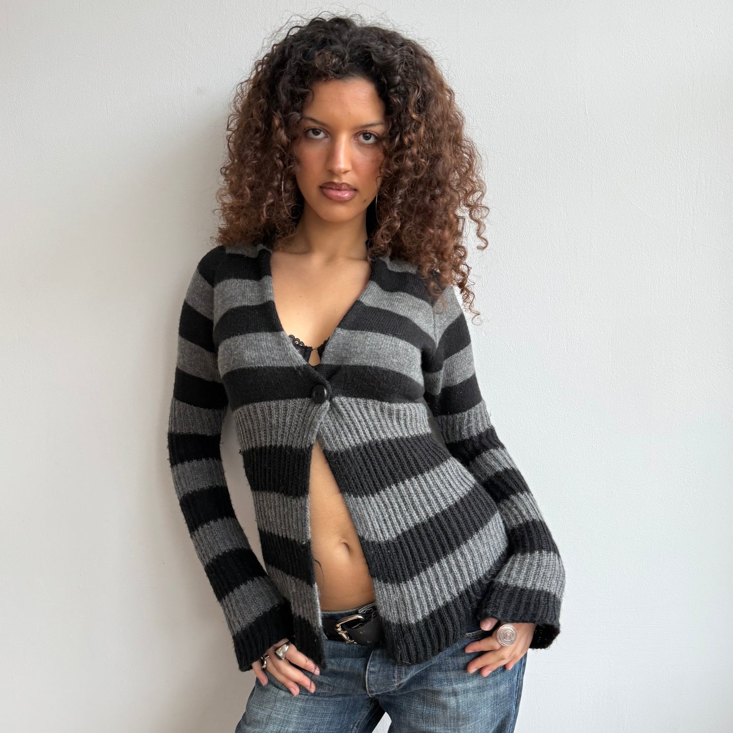 Black + grey striped cardi - Size M