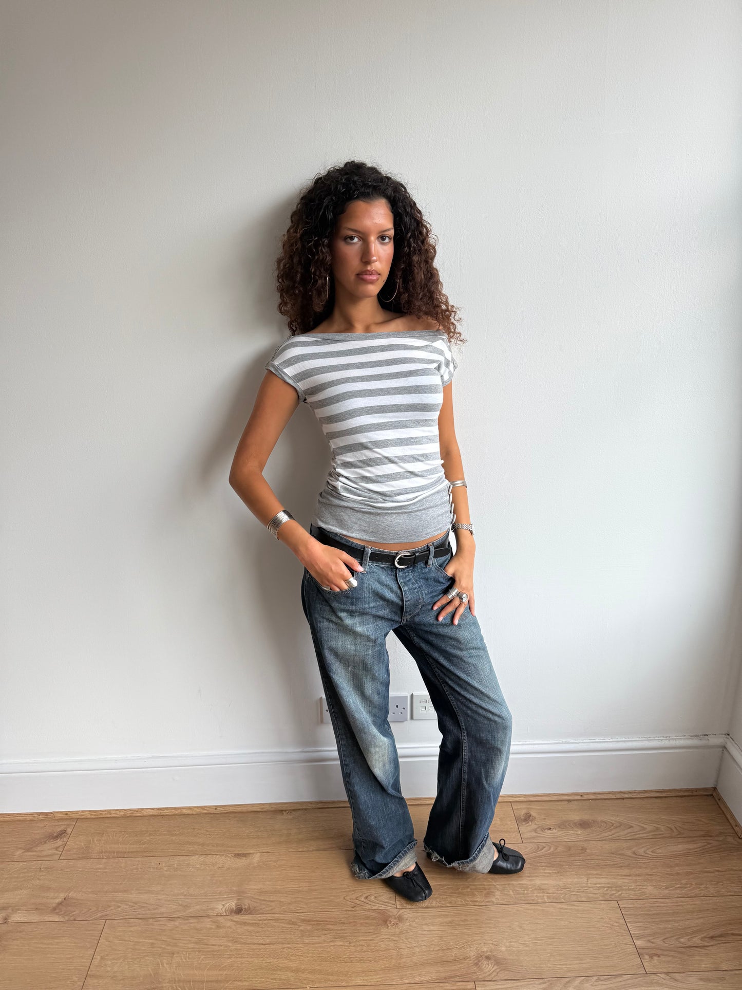 Grey stripe slouchy button top - Size S
