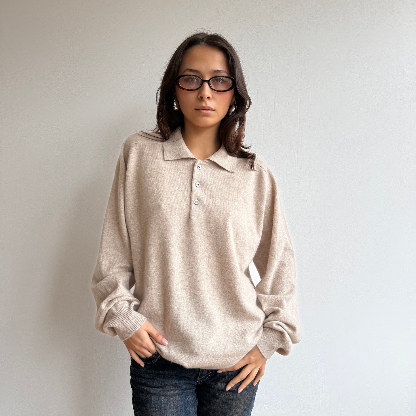 Oatmeal cashmere polo knit - Size M