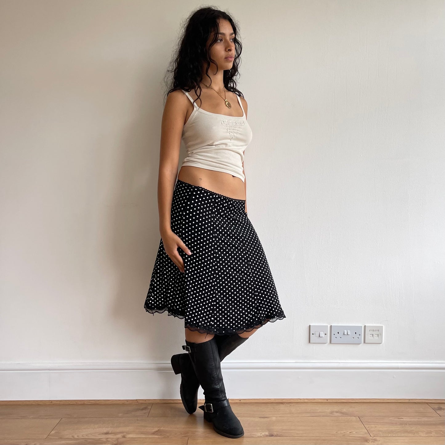 Black polka dot lace midi skirt - Size S