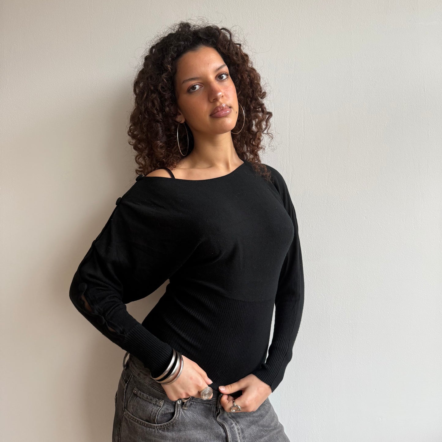 Black slouchy button jumper - Size S
