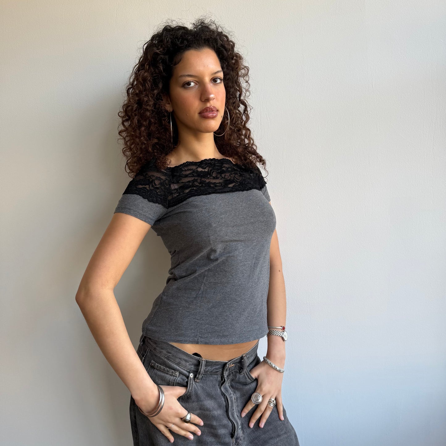 Grey lace Bardot top - Size S