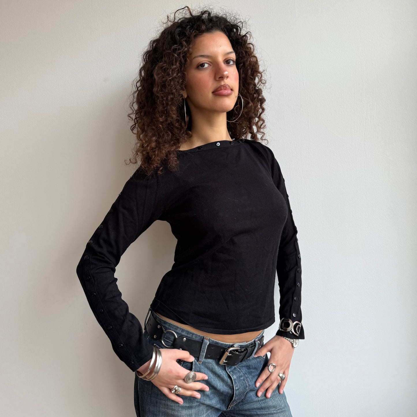 Black button boatneck knit - Size S