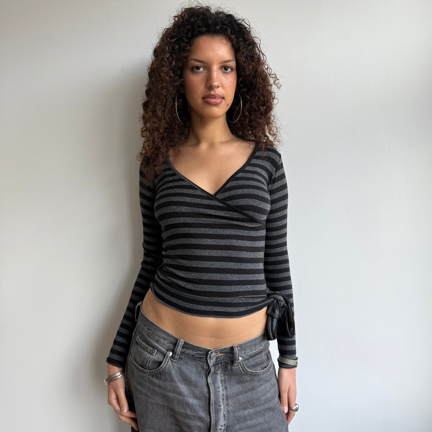 Grey + black striped wrap top - Size S