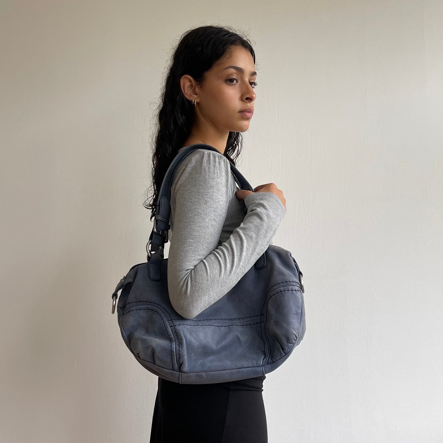 Blue leather slouchy bag