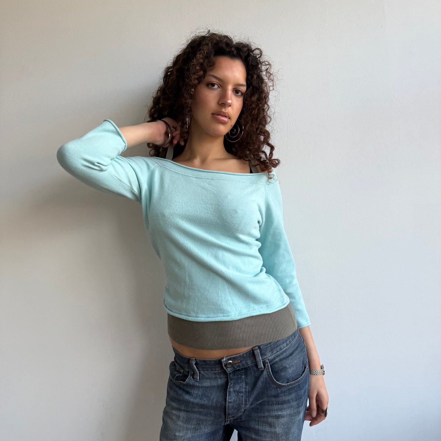 Blue + brown double layer knit - Size S/M