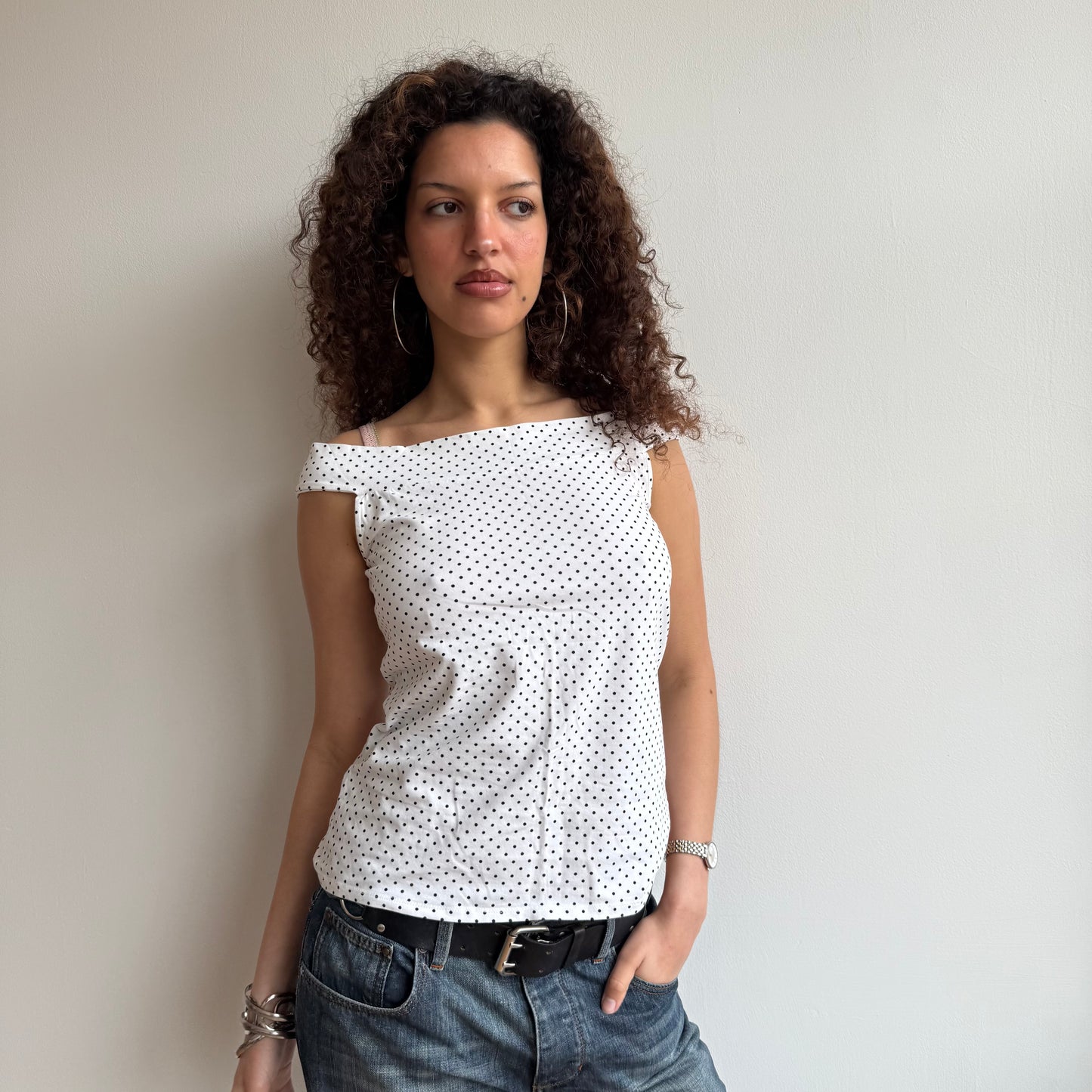 White polka dot Bardot top - Size S + L