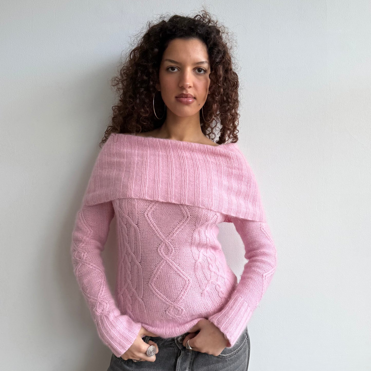 Pink knit Bardot jumper - Size S/M