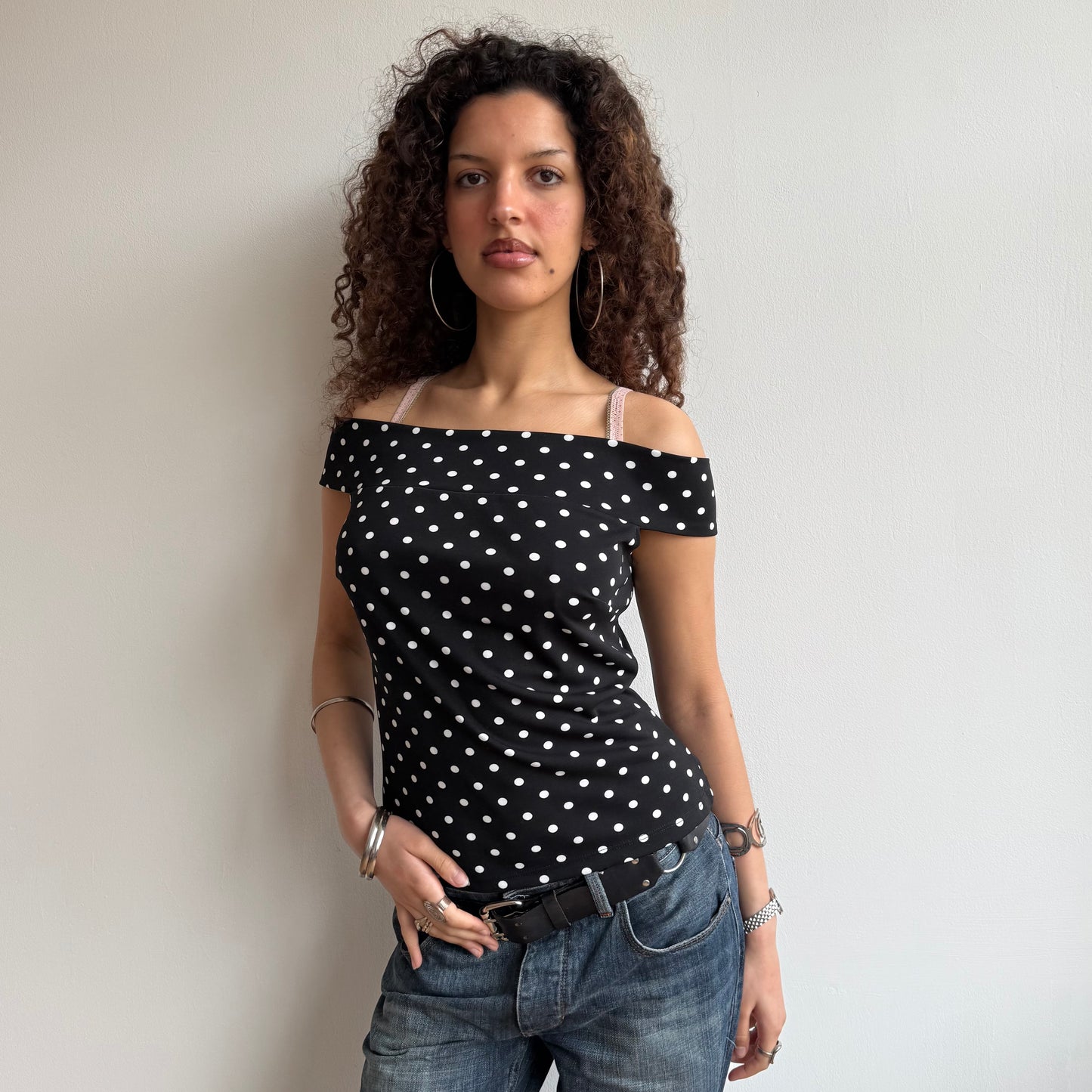 Black polka dot Bardot top - Size M