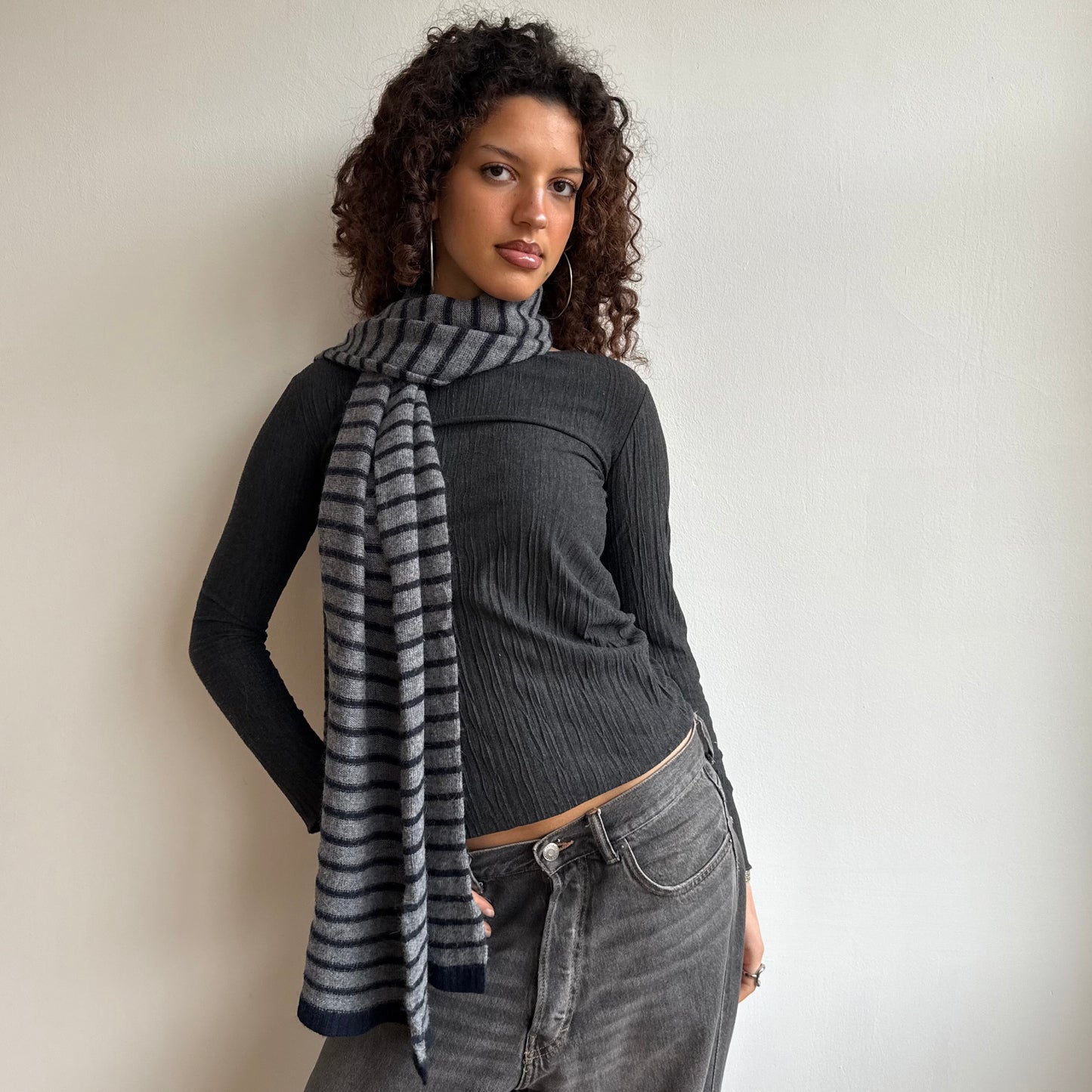 Grey and navy stripe scarf