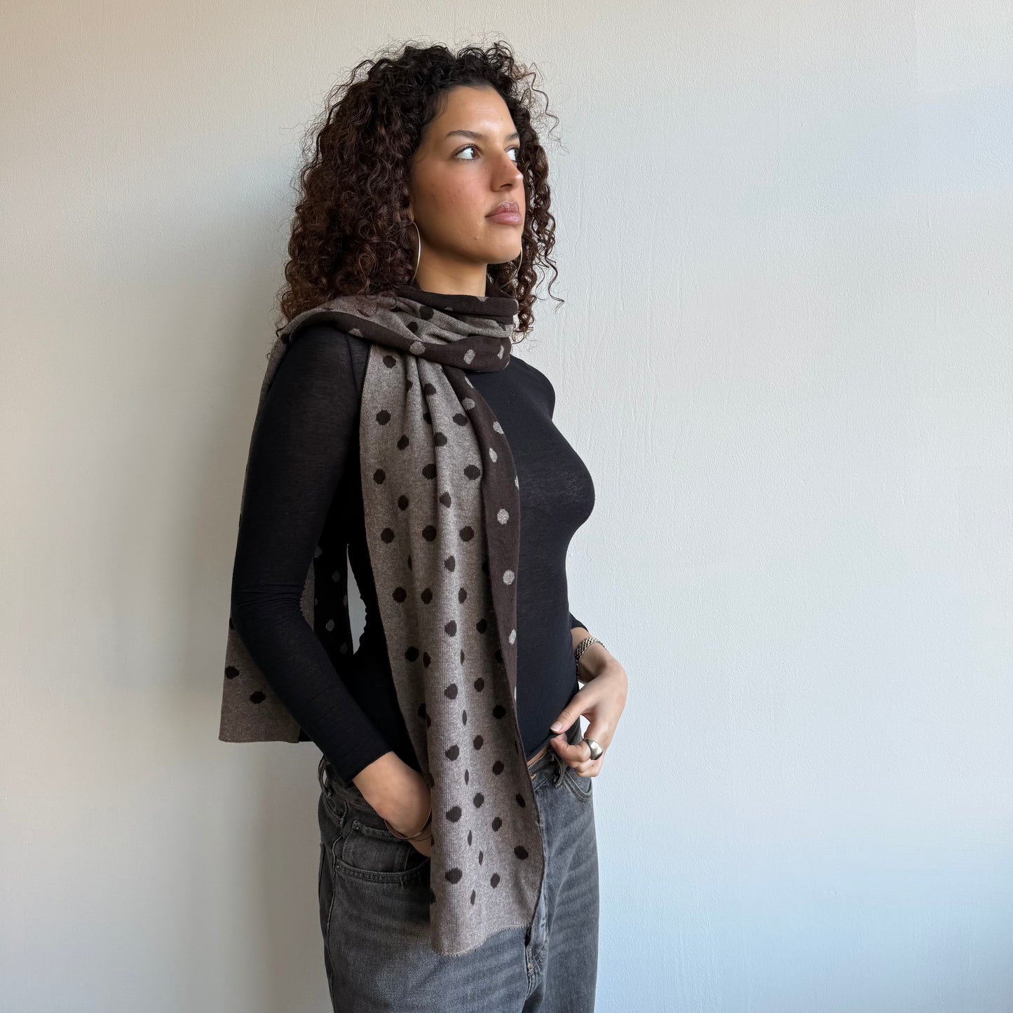 Brown polka dot reversible scarf