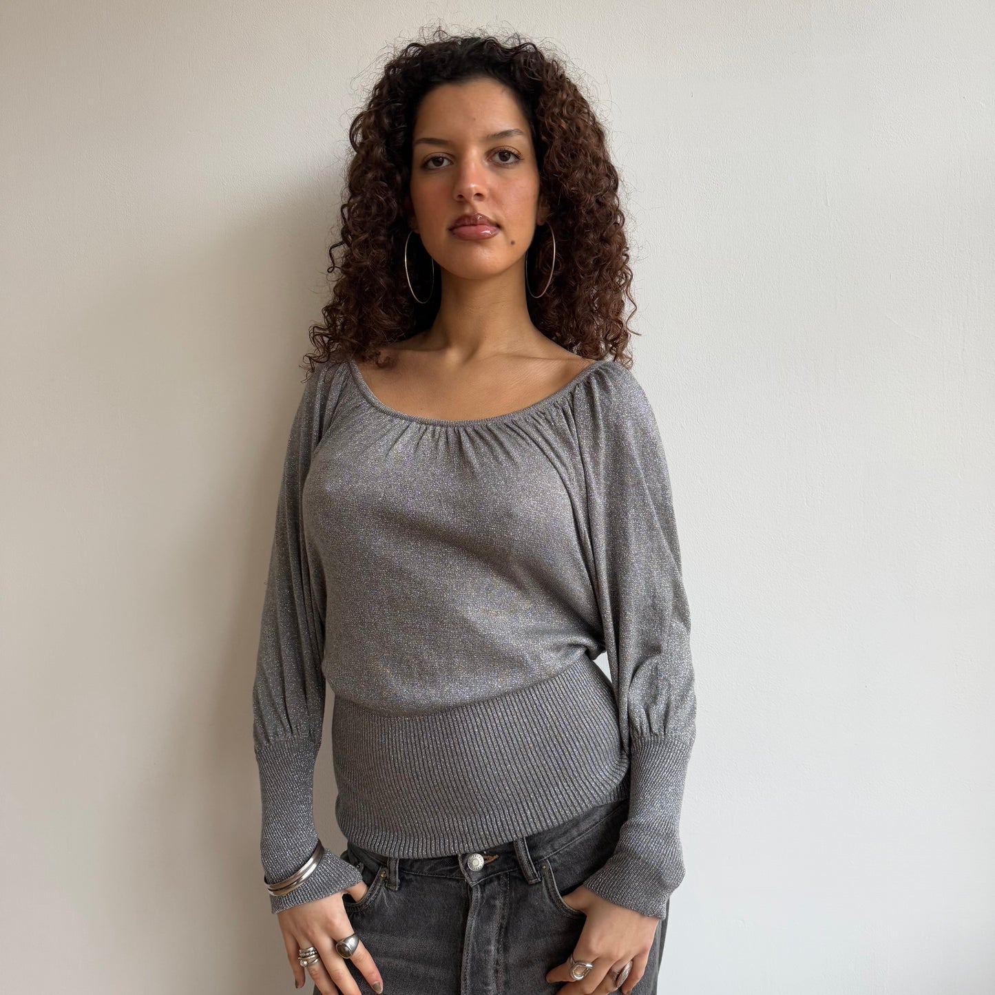 Silver sparkly batwing knit - Size S