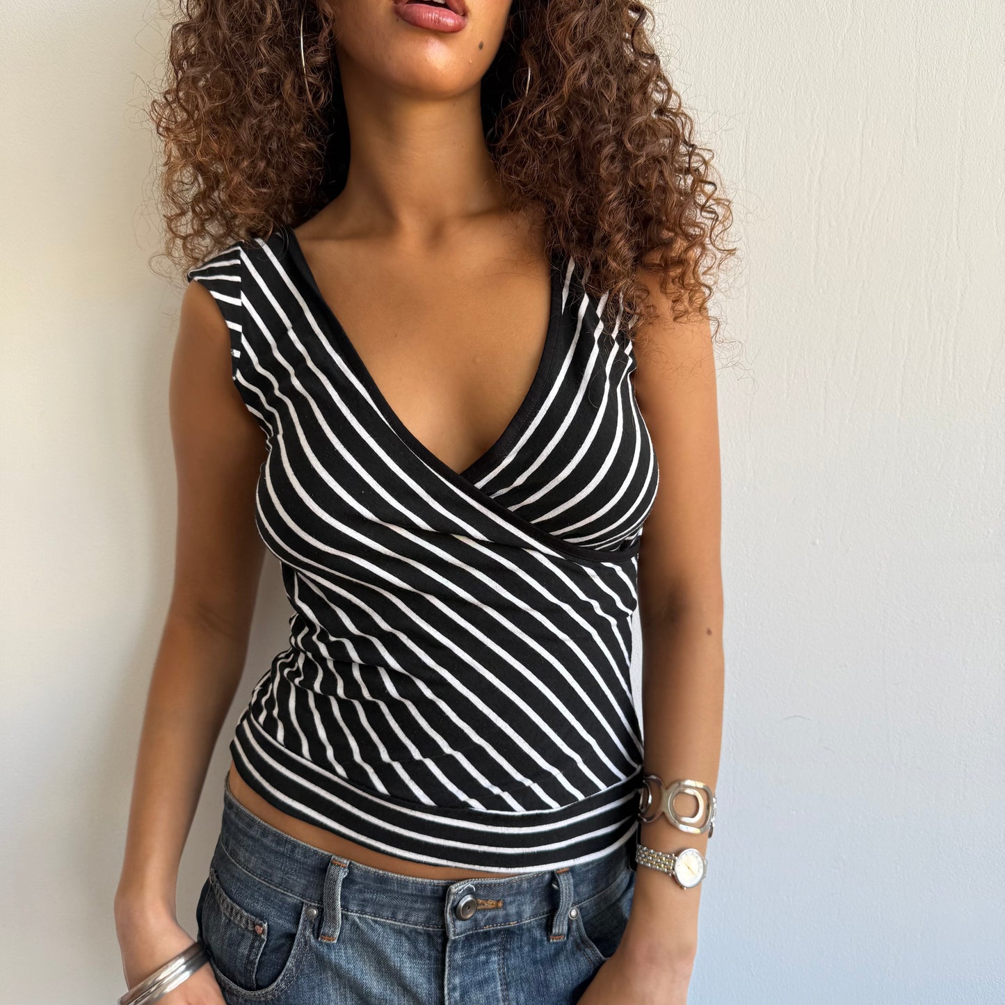 Black + white ballet wrap top - Size M
