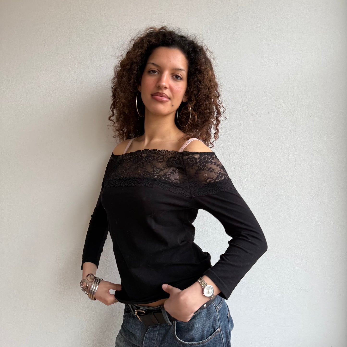 Black lace Bardot top - Size M