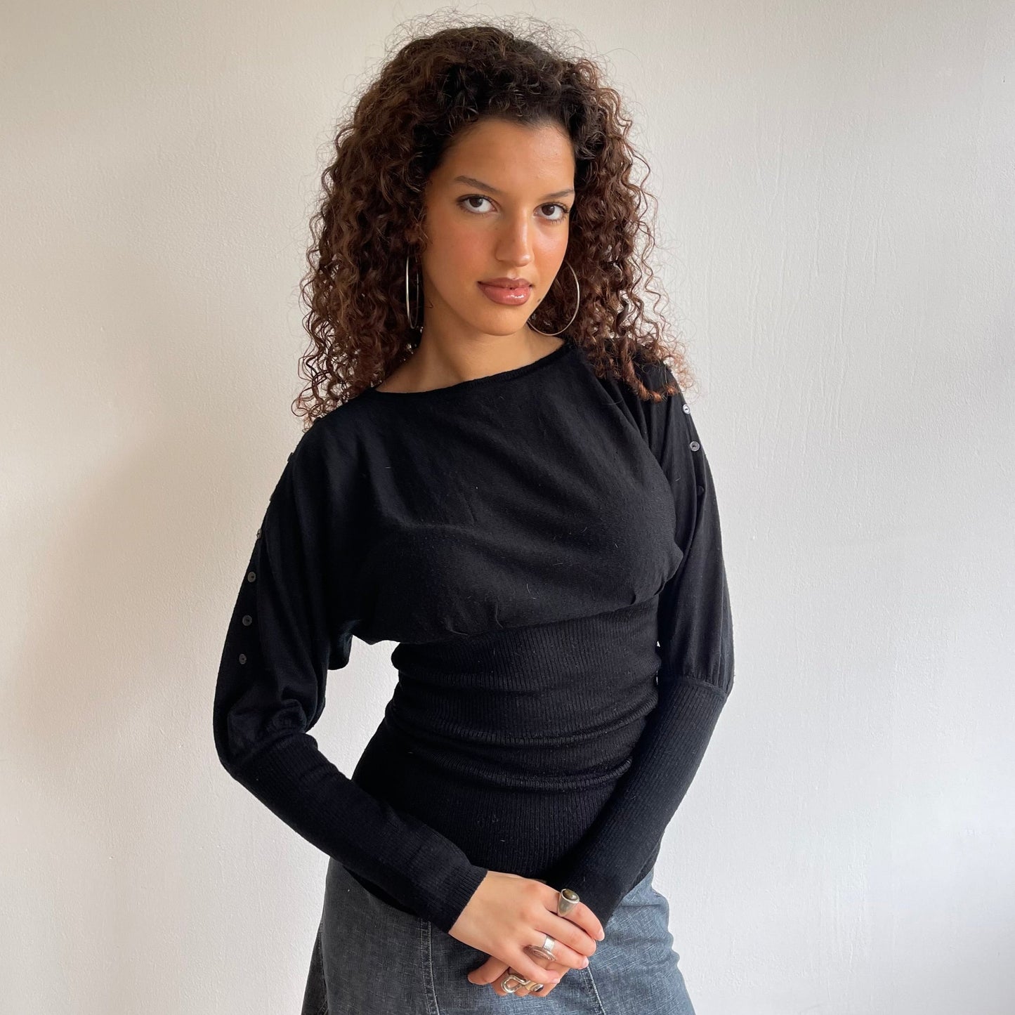 Black slouchy button jumper - Size S