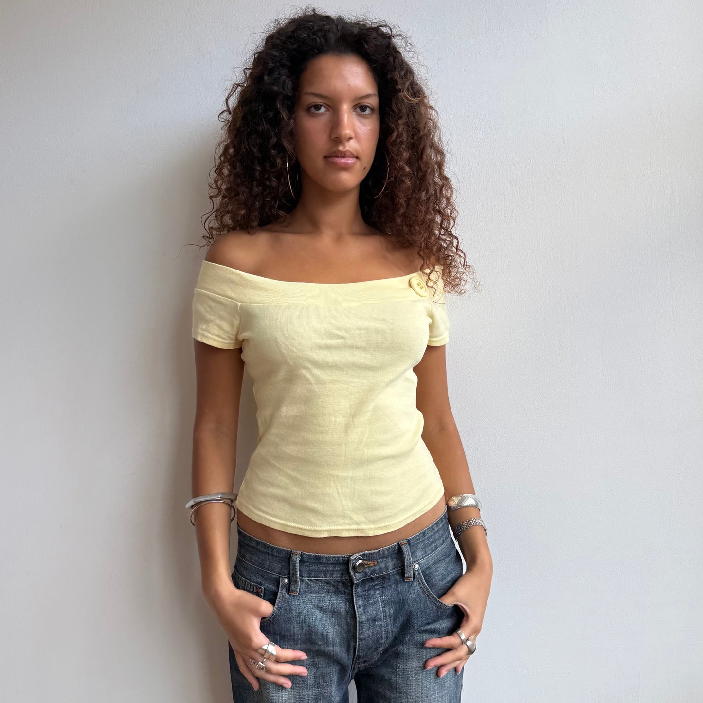 Yellow Bardot button top - Size S