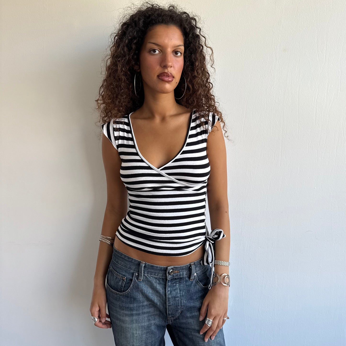 Black and white striped wrap top - Size XS/S