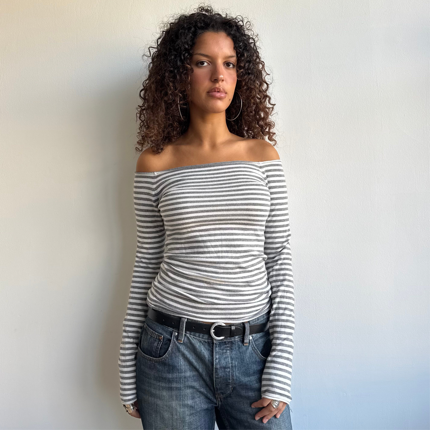 Grey + white striped Bardot top - Size S/M