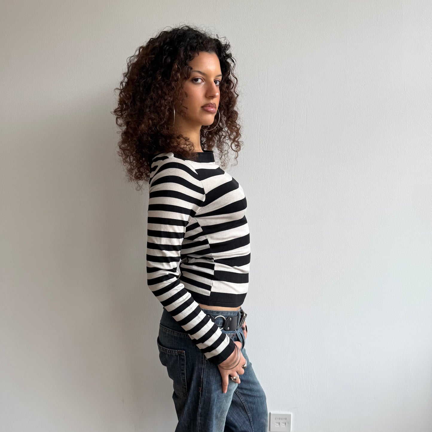 Black + white dual stripe top - Size S