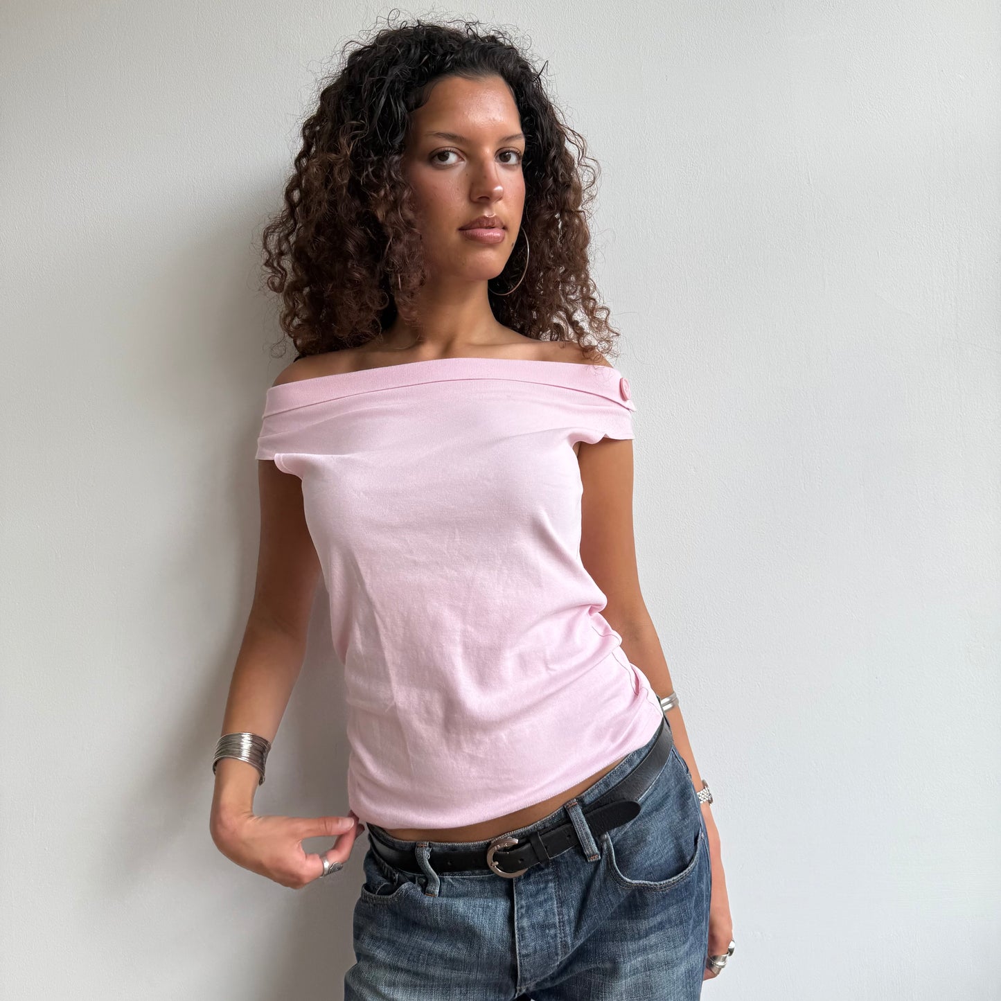 Pink bardot button top - Size M/L