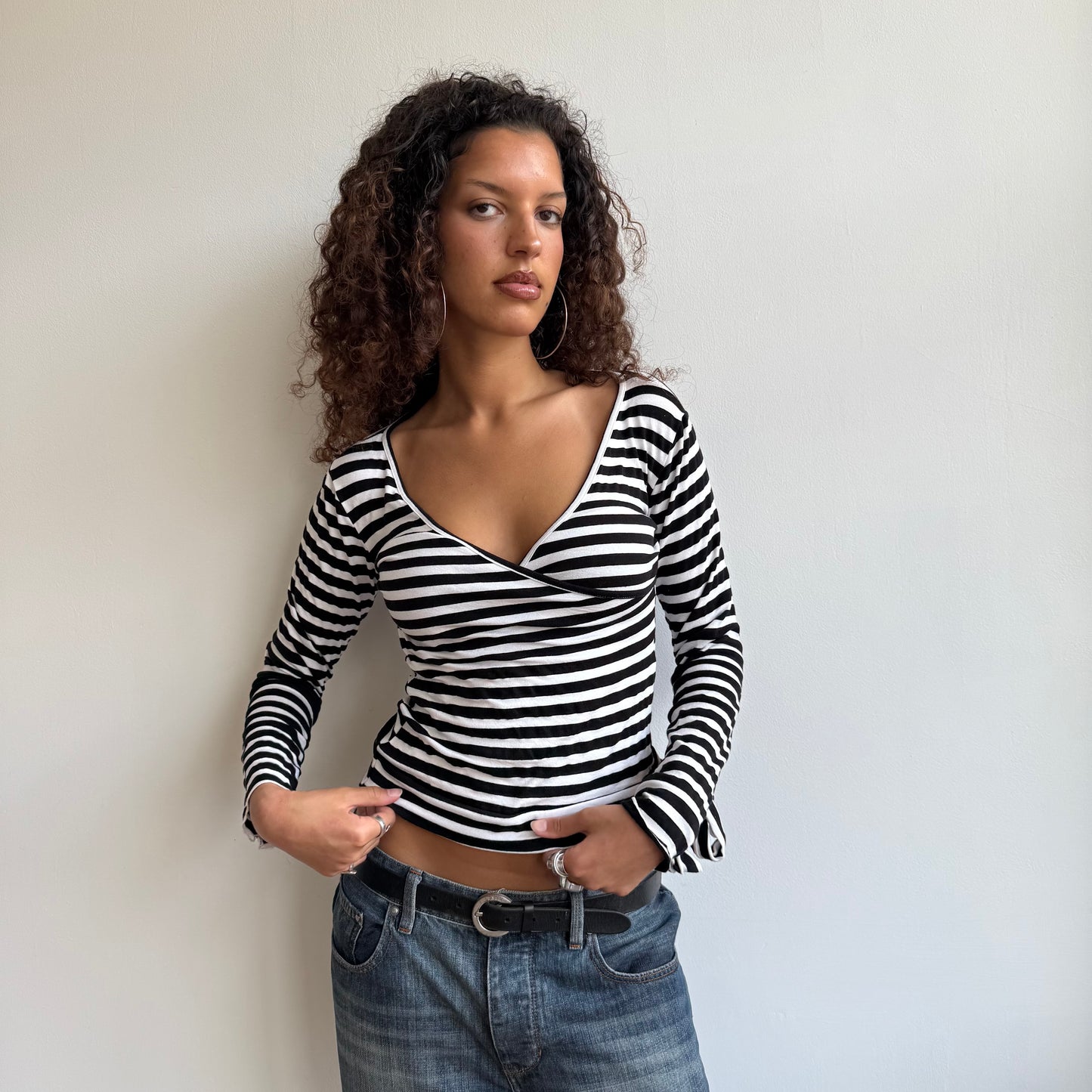 Black + white ballet wrap top - Size S/M