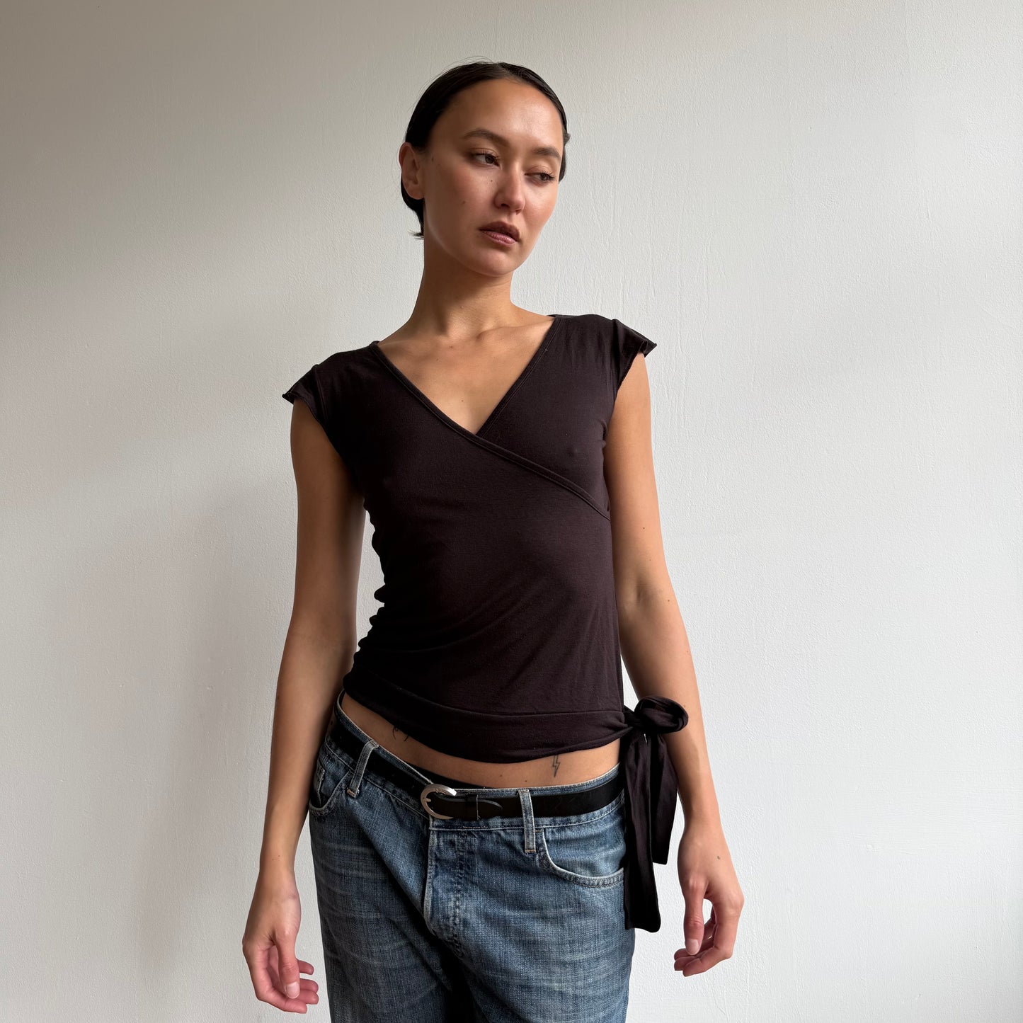 Brown tie side wrap top - Size S