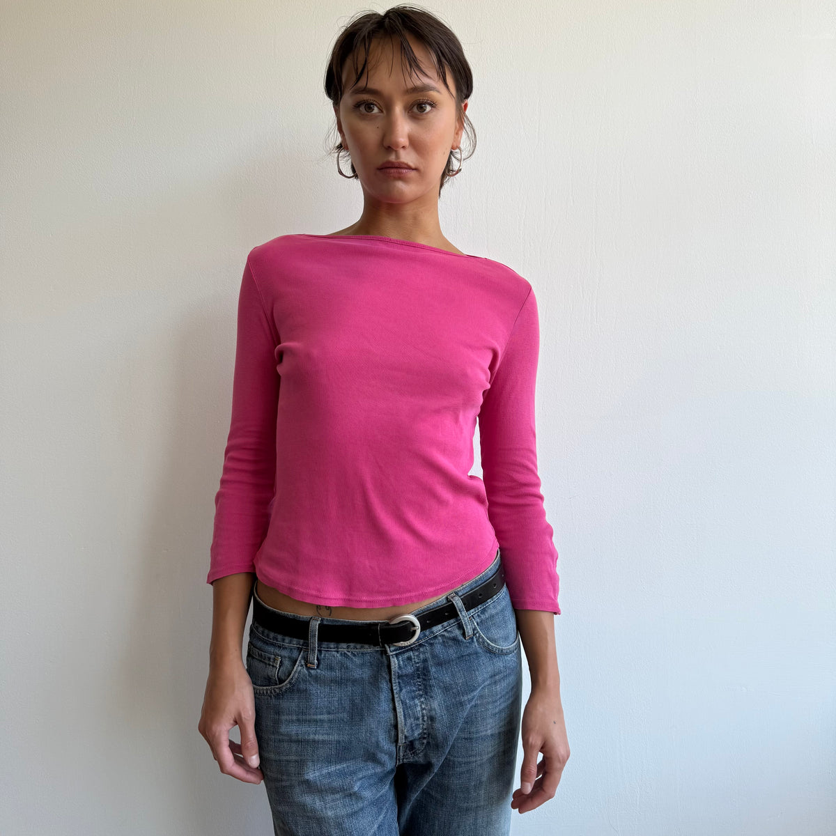Hot pink 3/4 sleeve popper top - Size S
