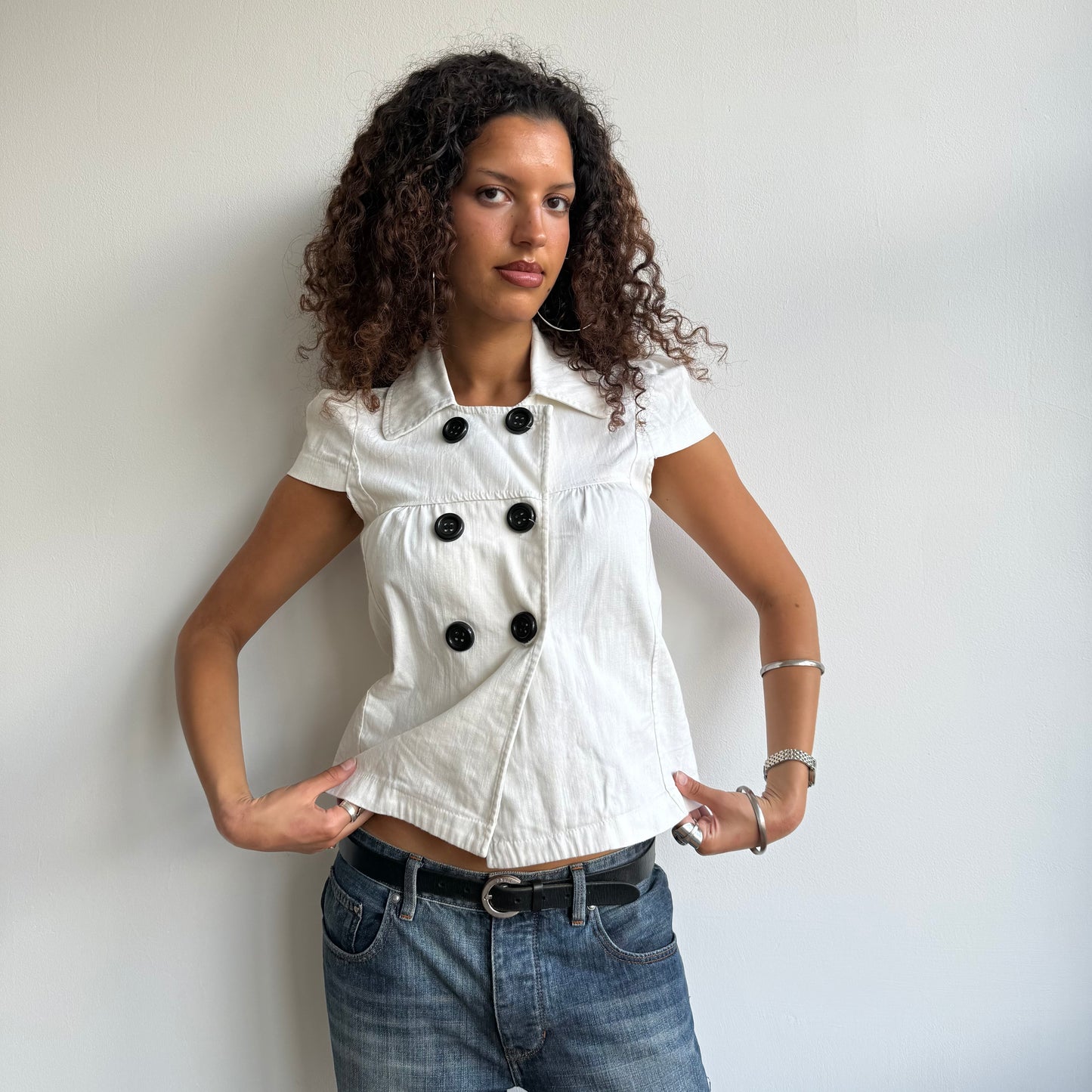 White cotton short sleeve peacoat - Size S