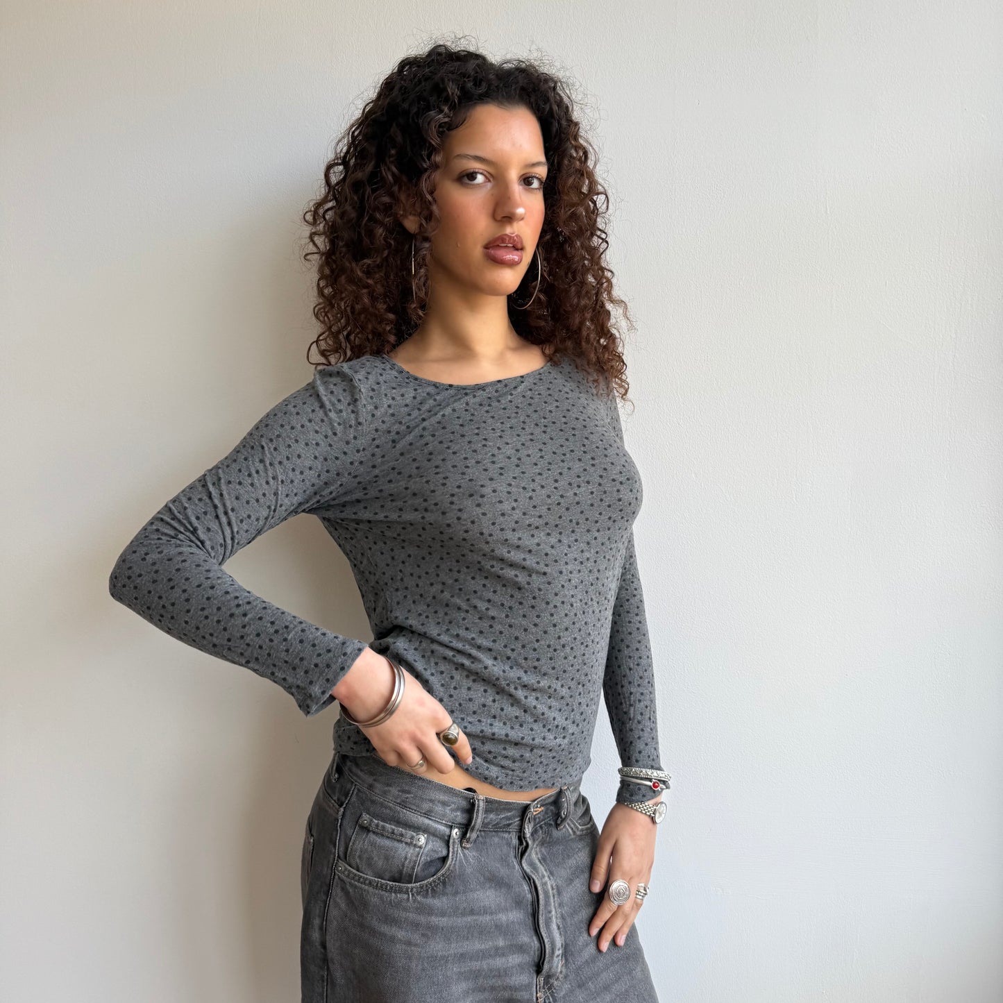 Grey polka dot long sleeve top - Size S