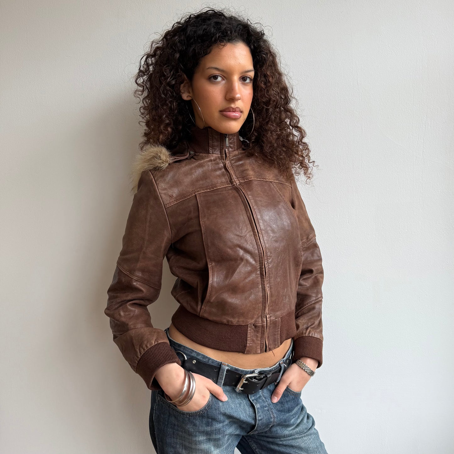 Brown leather bomber - Size S