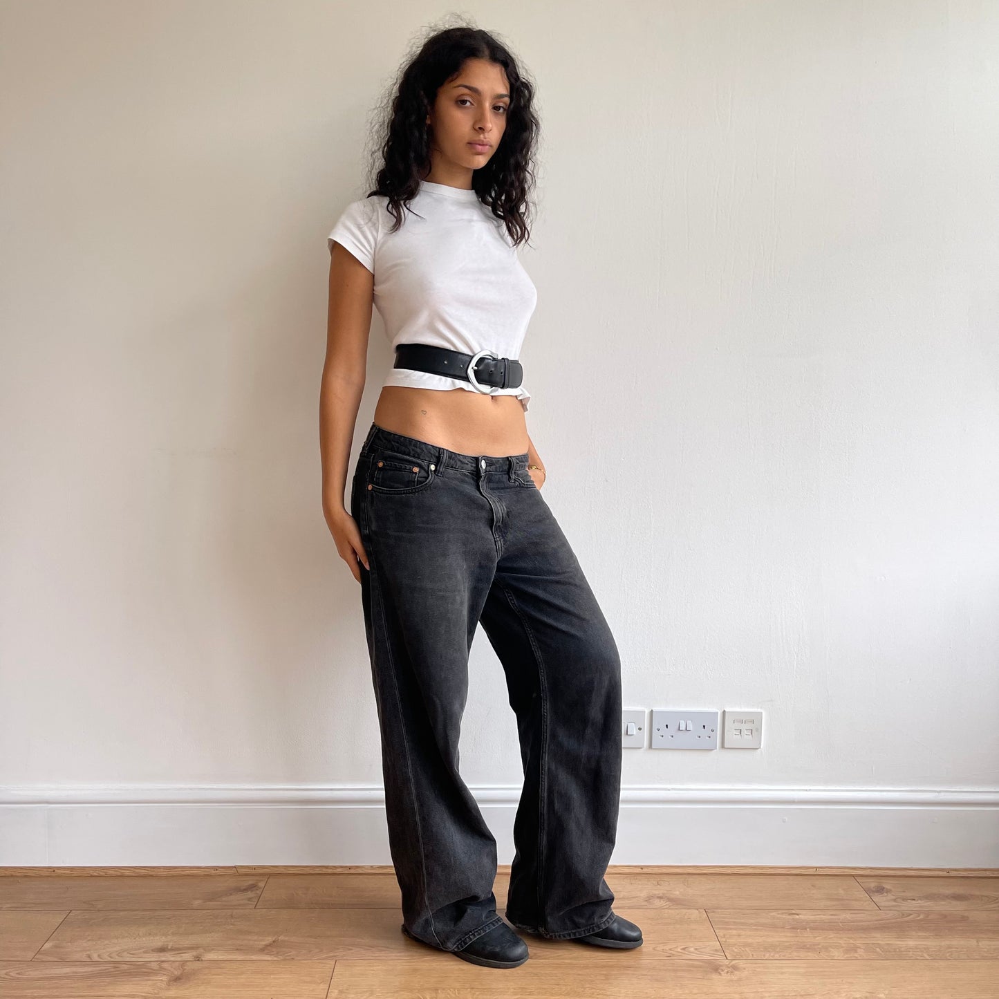 Black leather chunky belt - Size XS