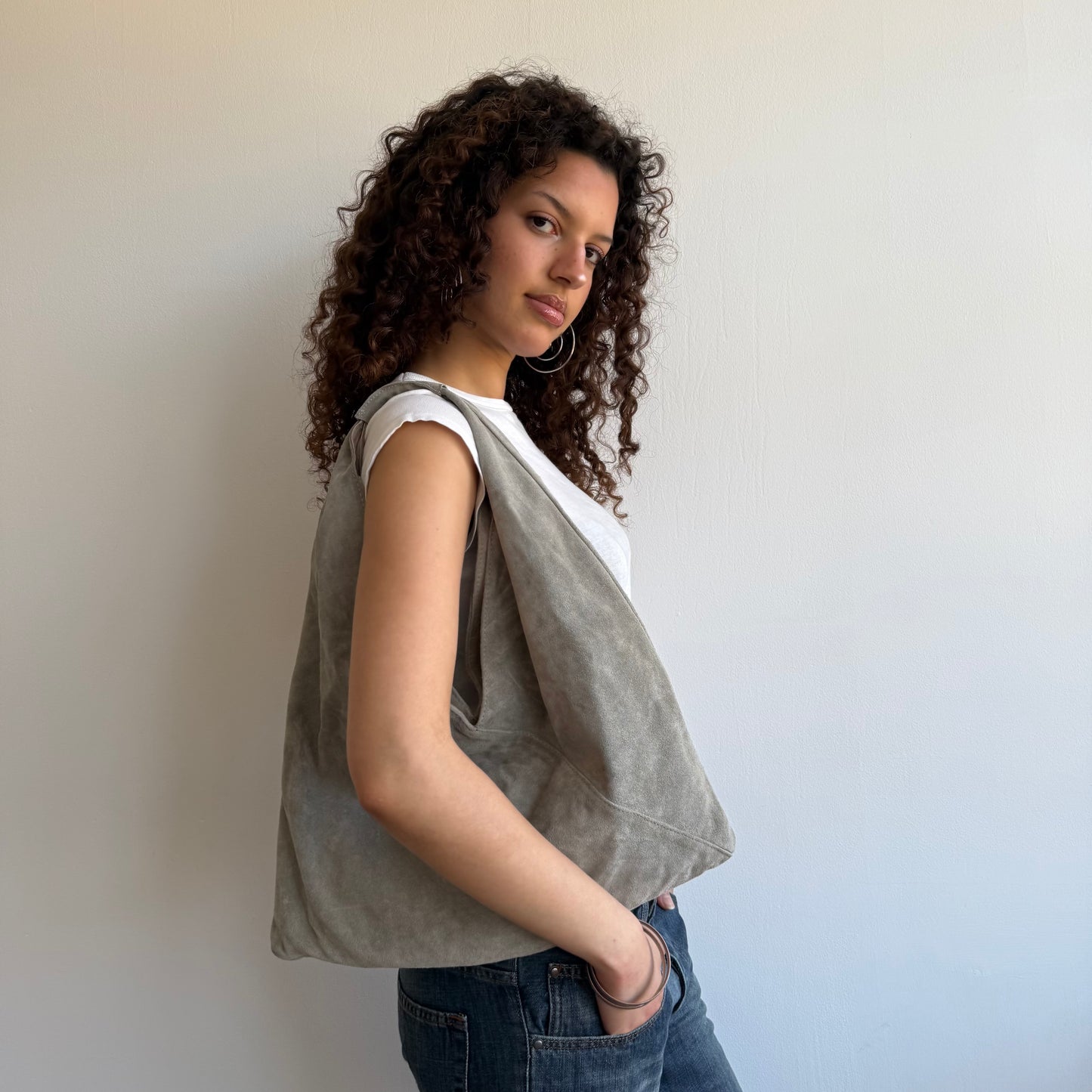 Khaki suede hobo bag