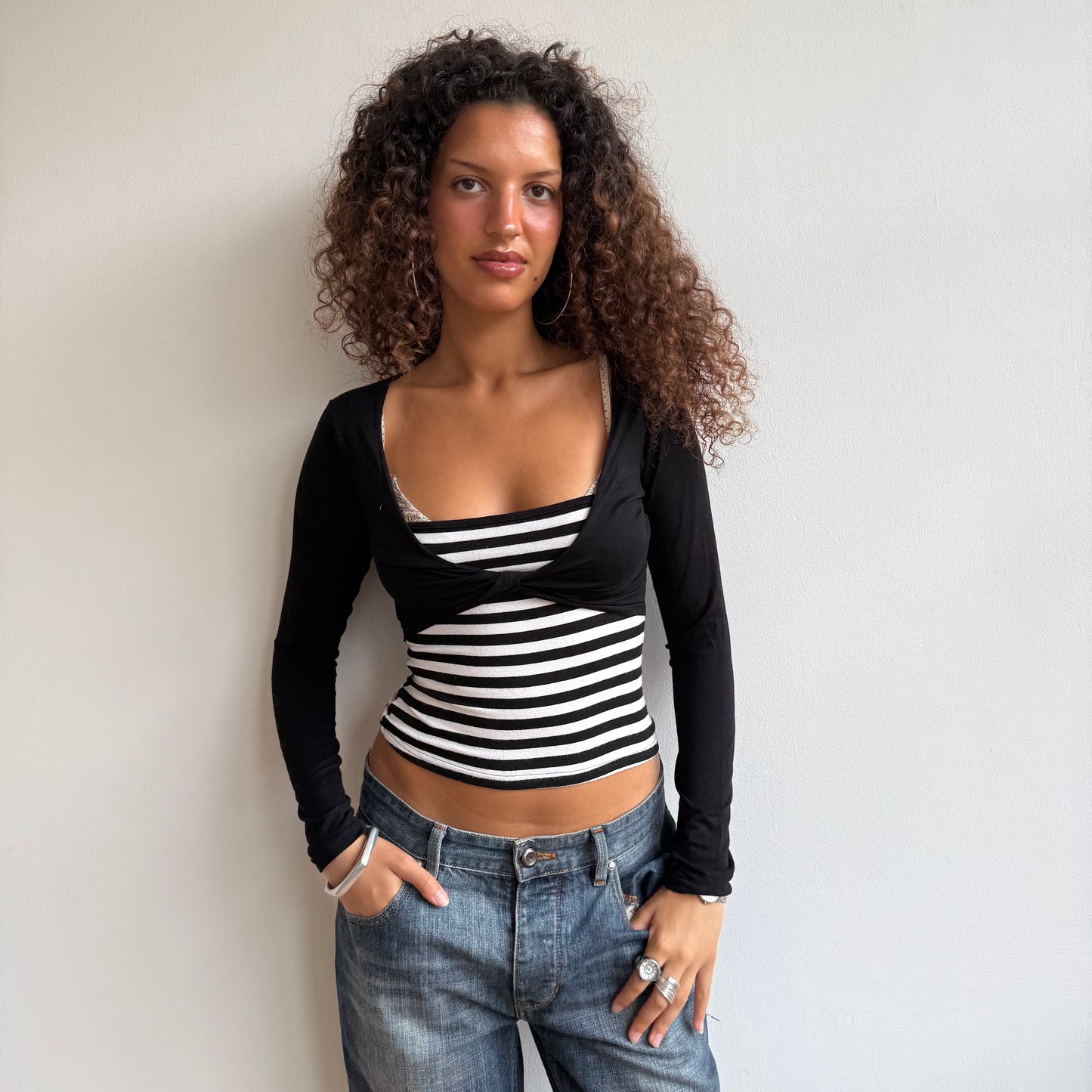 Black and white long sleeve wrap top - S