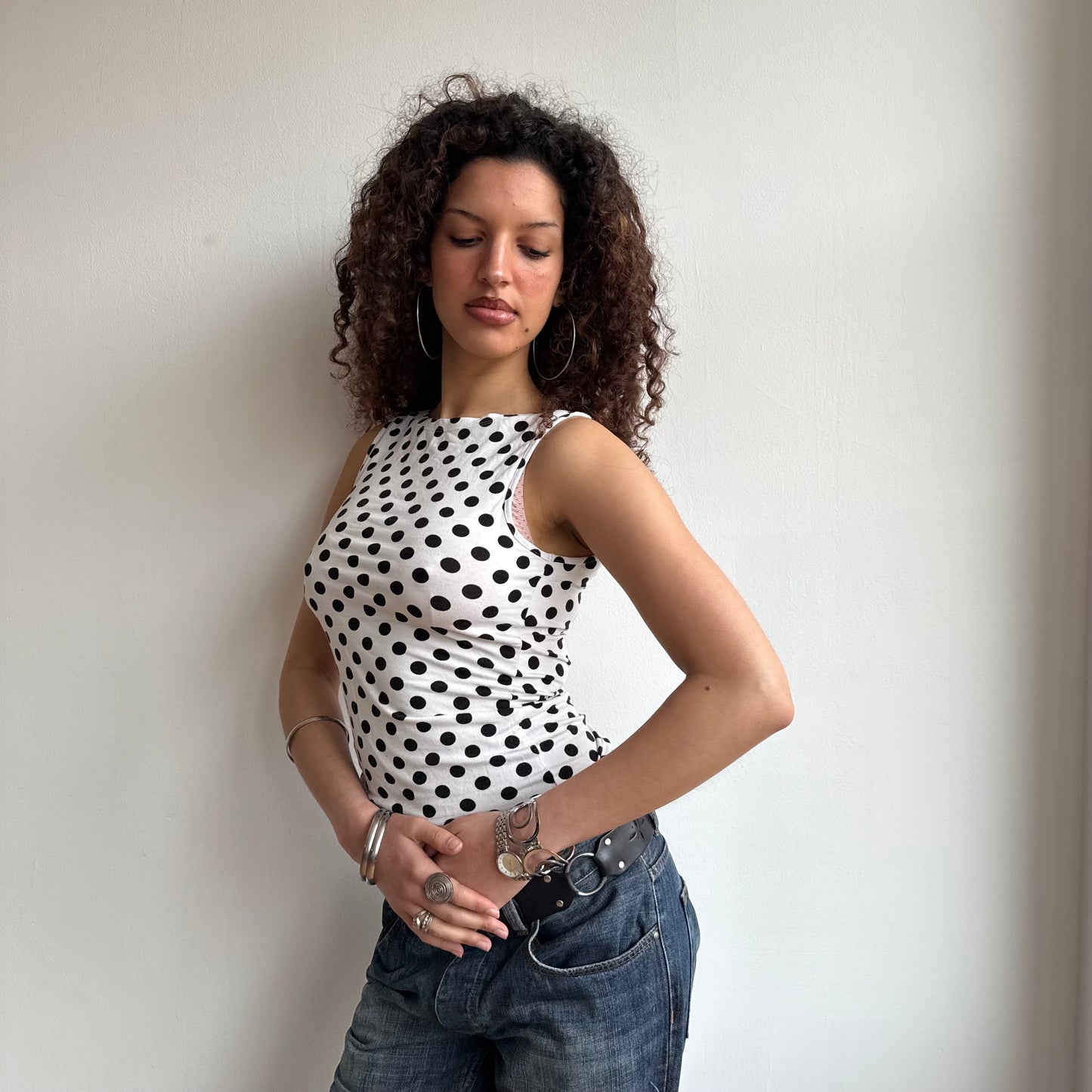 White polka dot top - Size S + L