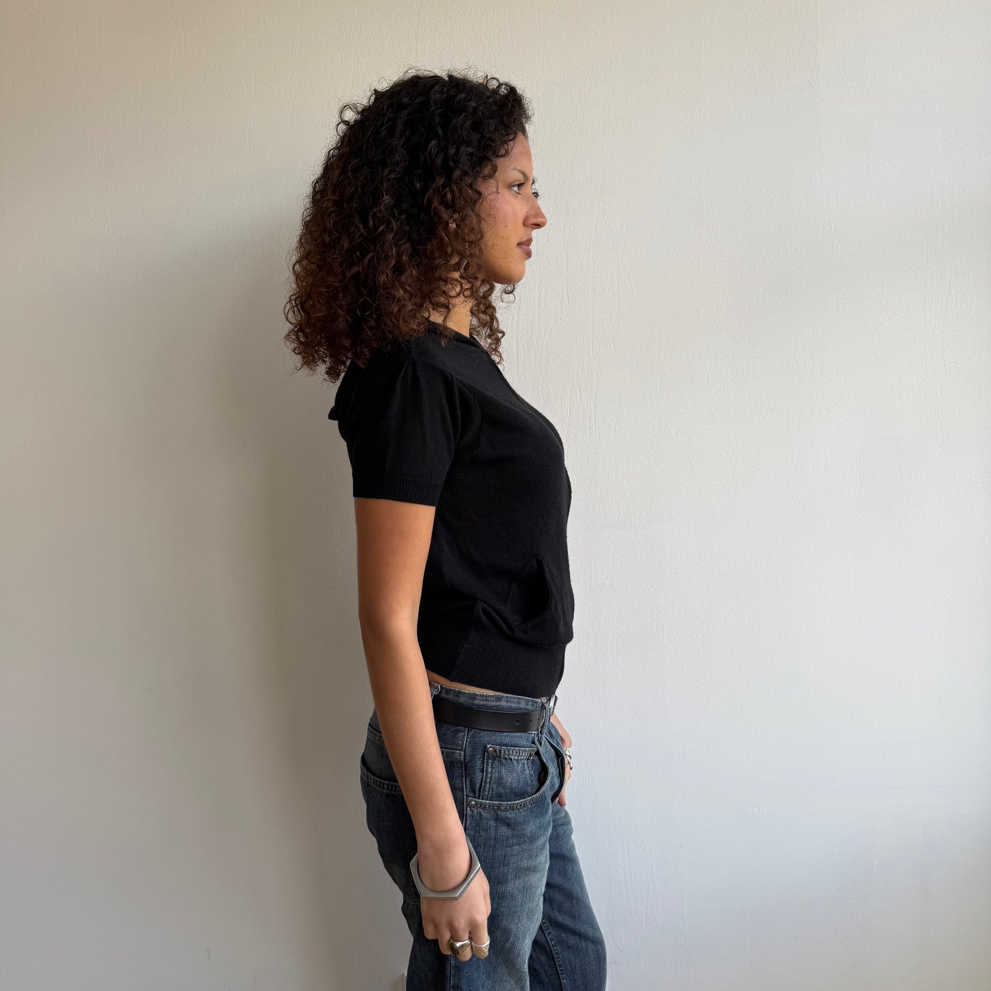 Black short sleeve knit hoodie - Size XS