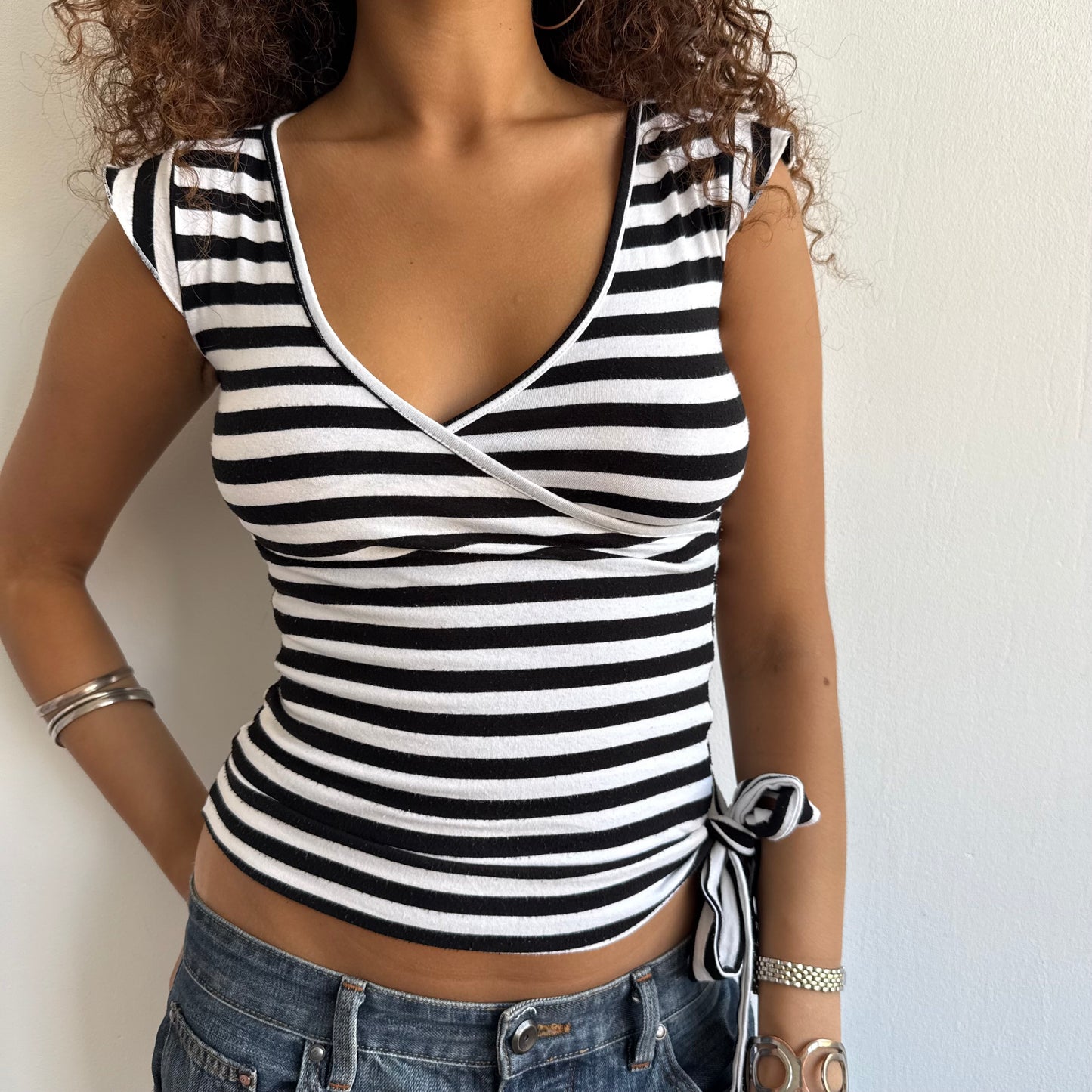 Black and white striped wrap top - Size XS/S