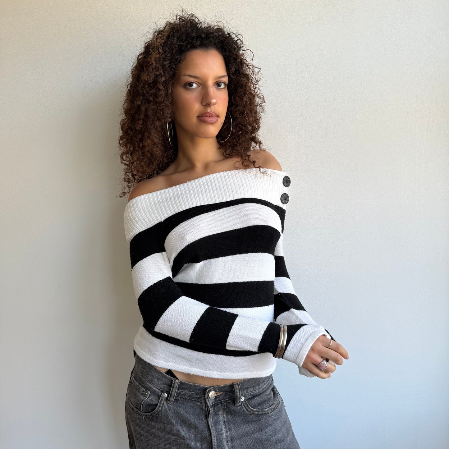 Black + white striped baddot knit - Size S
